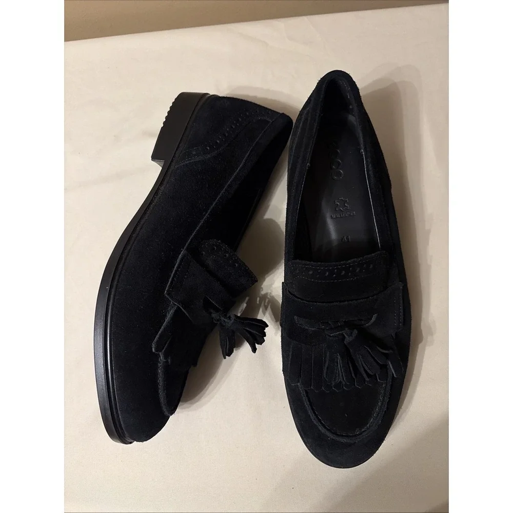 ECCO Women's 41 US 10 Black Suede Classic Loafers Tassel Kiltie Brogue Detail